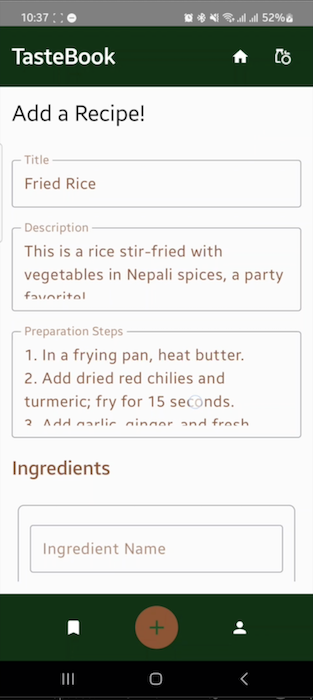 TasteBook Add Recipe Screen