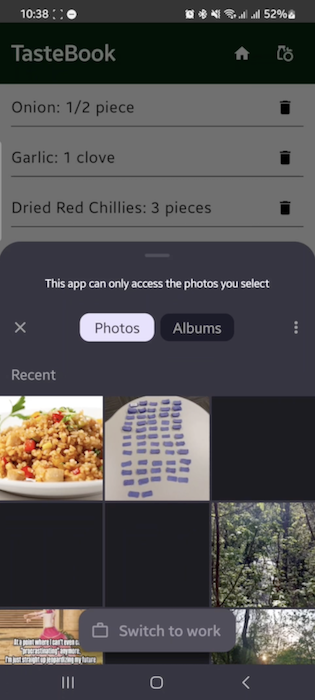 TasteBook Add Photos in the Recipe Screen